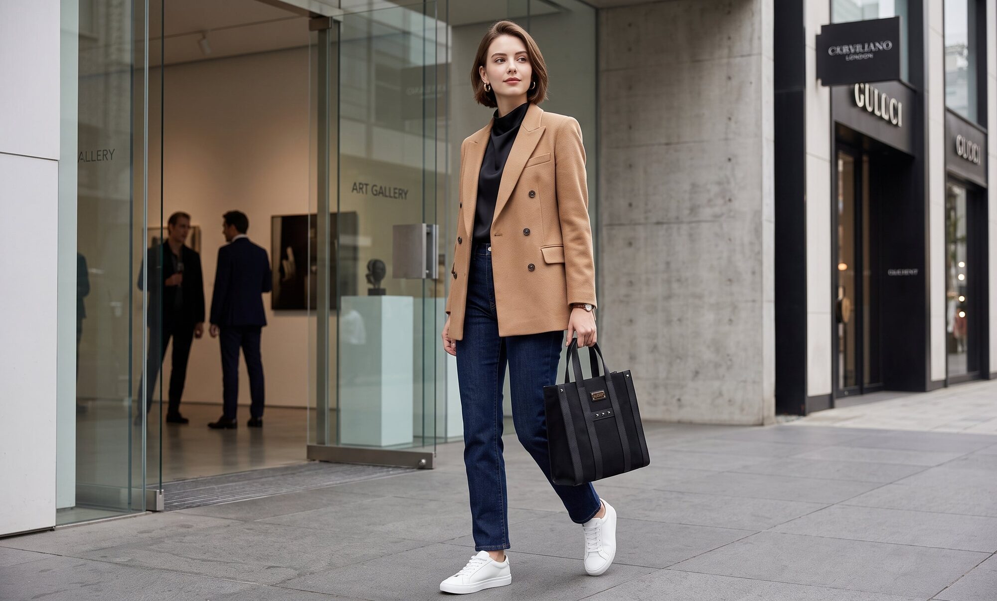 ALCIENT のバッグを持って街を歩く女性